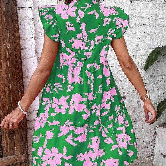 Green Boho Womens Floral Print Butterfly Sleeve Ruffle Hem Smock Dress - Picture 2 of 5